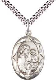 [0801KSS/24S] Sterling Silver Saint Joseph Pendant on a 24 inch Light Rhodium Heavy Curb chain