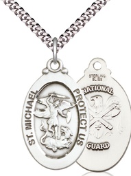 [4145RSS5/24S] Sterling Silver Saint Michael National Guard Pendant on a 24 inch Light Rhodium Heavy Curb chain