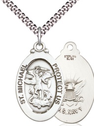 [4145RSS6/24S] Sterling Silver Saint Michael Navy Pendant on a 24 inch Light Rhodium Heavy Curb chain