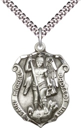[5448SS/24S] Sterling Silver Saint Michael the Archangel Shield Pendant on a 24 inch Light Rhodium Heavy Curb chain