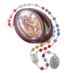 [HI-4006-330CR] St. Michael Multi Colored Crystal Chaplet in St. Michael Wooden Box