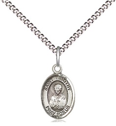 [9105SS/18S] Sterling Silver Saint Timothy Pendant on a 18 inch Light Rhodium Light Curb chain