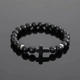 [YW-SB-BK] 8mm Semi-Precious Stone Stretch Braclet w/Cross - Black
