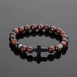 [YW-SB-BR] 8mm Semi-Precious Stone Stretch Braclet w/Cross – Brown