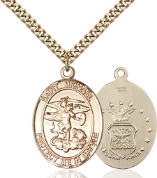 [1173GF1/24G] 14kt Gold Filled Saint Michael Air Force Pendant on a 24 inch Gold Plate Heavy Curb chain
