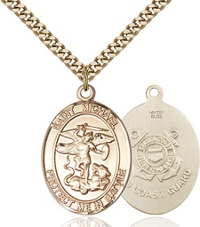 [1173GF3/24G] 14kt Gold Filled Saint Michael Coast Guard Pendant on a 24 inch Gold Plate Heavy Curb chain