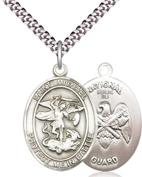 [1173SS5/24S] Sterling Silver Saint Michael National Guard Pendant on a 24 inch Light Rhodium Heavy Curb chain