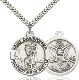 [1174SS2/24S] Sterling Silver Saint Christopher Army Pendant on a 24 inch Light Rhodium Heavy Curb chain