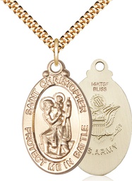 [1175GF2/24G] 14kt Gold Filled Saint Christopher Army Pendant on a 24 inch Gold Plate Heavy Curb chain