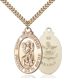 [1175GF2/24G] 14kt Gold Filled Saint Christopher Army Pendant on a 24 inch Gold Plate Heavy Curb chain