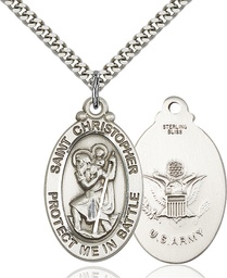 [1175SS2/24S] Sterling Silver Saint Christopher Army Pendant on a 24 inch Light Rhodium Heavy Curb chain