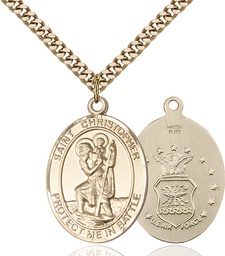[1177GF1/24G] 14kt Gold Filled Saint Christopher Air Force Pendant on a 24 inch Gold Plate Heavy Curb chain