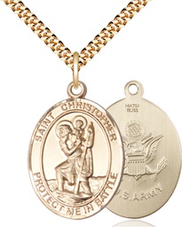 [1177GF2/24G] 14kt Gold Filled Saint Christopher Army Pendant on a 24 inch Gold Plate Heavy Curb chain
