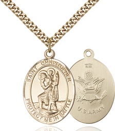 [1177GF2/24G] 14kt Gold Filled Saint Christopher Army Pendant on a 24 inch Gold Plate Heavy Curb chain