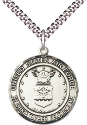 [1182SS1/24S] Sterling Silver Air Force St Christopher Pendant on a 24 inch Light Rhodium Heavy Curb chain