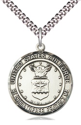 [1182SS1/24S] Sterling Silver Air Force St Christopher Pendant on a 24 inch Light Rhodium Heavy Curb chain