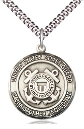 [1182SS3/24S] Sterling Silver Coast Guard St Christopher Pendant on a 24 inch Light Rhodium Heavy Curb chain