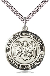 [1182SS5/24S] Sterling Silver National Guard St Christopher Pendant on a 24 inch Light Rhodium Heavy Curb chain