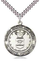 [1184SS1/24S] Sterling Silver Air Force St Michael Pendant on a 24 inch Light Rhodium Heavy Curb chain