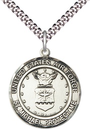 [1184SS1/24S] Sterling Silver Air Force St Michael Pendant on a 24 inch Light Rhodium Heavy Curb chain