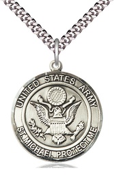 [1184SS2/24S] Sterling Silver Army St Michael Pendant on a 24 inch Light Rhodium Heavy Curb chain