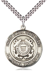 [1184SS3/24S] Sterling Silver Coast Guard St Michael Pendant on a 24 inch Light Rhodium Heavy Curb chain