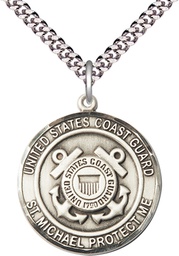 [1184SS3/24S] Sterling Silver Coast Guard St Michael Pendant on a 24 inch Light Rhodium Heavy Curb chain