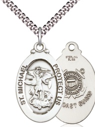 [4145RSS3/24S] Sterling Silver Saint Michael Coast Guard Pendant on a 24 inch Light Rhodium Heavy Curb chain