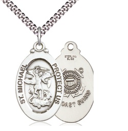 [4145RSS3/24S] Sterling Silver Saint Michael Coast Guard Pendant on a 24 inch Light Rhodium Heavy Curb chain