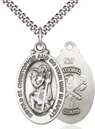 [4145SS5/24S] Sterling Silver Saint Christopher National Guard Pendant on a 24 inch Light Rhodium Heavy Curb chain