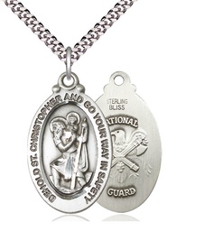 [4145SS5/24S] Sterling Silver Saint Christopher National Guard Pendant on a 24 inch Light Rhodium Heavy Curb chain