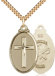 [4145YGF5/24G] 14kt Gold Filled Cross National Guard Pendant on a 24 inch Gold Plate Heavy Curb chain