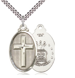 [4145YSS1/24S] Sterling Silver Cross Air Force Pendant on a 24 inch Light Rhodium Heavy Curb chain
