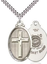 [4145YSS3/24S] Sterling Silver Cross Coast Guard Pendant on a 24 inch Light Rhodium Heavy Curb chain