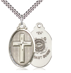 [4145YSS3/24S] Sterling Silver Cross Coast Guard Pendant on a 24 inch Light Rhodium Heavy Curb chain