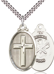 [4145YSS5/24S] Sterling Silver Cross National Guard Pendant on a 24 inch Light Rhodium Heavy Curb chain