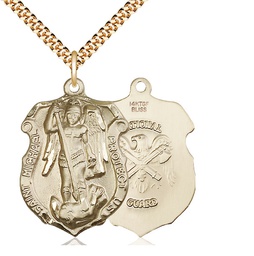 [5448GF5/24G] 14kt Gold Filled Saint Michael National Guard Pendant on a 24 inch Gold Plate Heavy Curb chain
