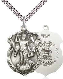 [5448SS1/24S] Sterling Silver Saint Michael Air Force Pendant on a 24 inch Light Rhodium Heavy Curb chain