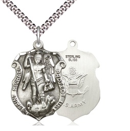 [5448SS2/24S] Sterling Silver Saint Michael Army Pendant on a 24 inch Light Rhodium Heavy Curb chain