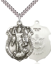 [5448SS2/24S] Sterling Silver Saint Michael Army Pendant on a 24 inch Light Rhodium Heavy Curb chain