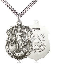 [5448SS3/24S] Sterling Silver Saint Michael Coast Guard Pendant on a 24 inch Light Rhodium Heavy Curb chain