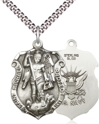[5448SS6/24S] Sterling Silver Saint Michael Navy Pendant on a 24 inch Light Rhodium Heavy Curb chain