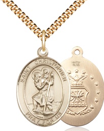 [7022GF1/24G] 14kt Gold Filled Saint Christopher Air Force Pendant on a 24 inch Gold Plate Heavy Curb chain