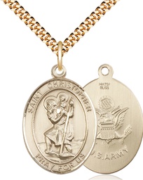 [7022GF2/24G] 14kt Gold Filled Saint Christopher Army Pendant on a 24 inch Gold Plate Heavy Curb chain
