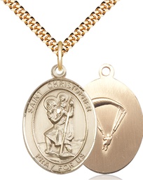 [7022GF7/24G] 14kt Gold Filled Saint Christopher Paratrooper Pendant on a 24 inch Gold Plate Heavy Curb chain