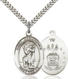 [7022SS1/24S] Sterling Silver Saint Christopher Air Force Pendant on a 24 inch Light Rhodium Heavy Curb chain