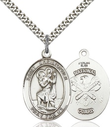 [7022SS5/24S] Sterling Silver Saint Christopher National Guard Pendant on a 24 inch Light Rhodium Heavy Curb chain