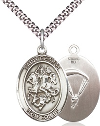 [7040SS7/24S] Sterling Silver Saint George Paratrooper Pendant on a 24 inch Light Rhodium Heavy Curb chain