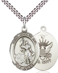 [7053SS6/24S] Sterling Silver Saint Joan of Arc Navy Pendant on a 24 inch Light Rhodium Heavy Curb chain