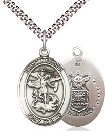 [7076SS1/24S] Sterling Silver Saint Michael Air Force Pendant on a 24 inch Light Rhodium Heavy Curb chain